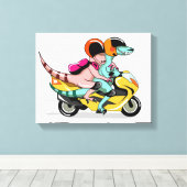 Twee Cartoon Raptors rijden op een motorscooter. Canvas Afdruk (Insitu (Houten vloer))