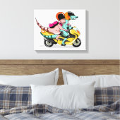 Twee Cartoon Raptors rijden op een motorscooter. Canvas Afdruk (Insitu (Slaapkamer))