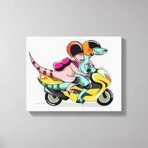 Twee Cartoon Raptors rijden op een motorscooter. Canvas Afdruk
