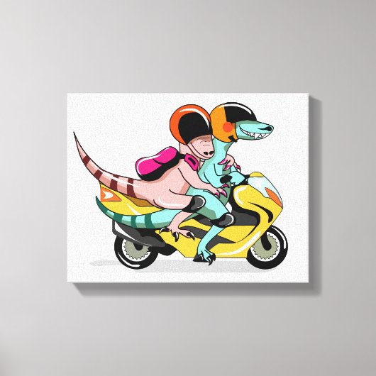 Twee Cartoon Raptors rijden op een motorscooter. Canvas Afdruk (Voorkant)