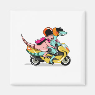 Twee Cartoon Raptors rijden op een motorscooter. Magneet