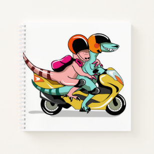 Twee Cartoon Raptors rijden op een motorscooter. Notitieboek