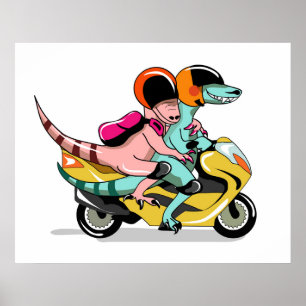 Twee Cartoon Raptors rijden op een motorscooter. Poster