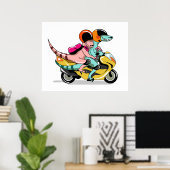 Twee Cartoon Raptors rijden op een motorscooter. Poster (Thuiskantoor)