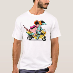 Twee Cartoon Raptors rijden op een motorscooter. T-shirt
