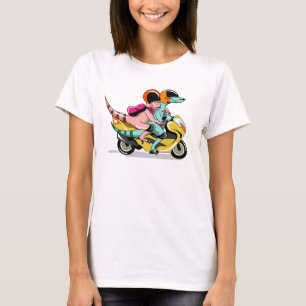 Twee Cartoon Raptors rijden op een motorscooter. T-shirt