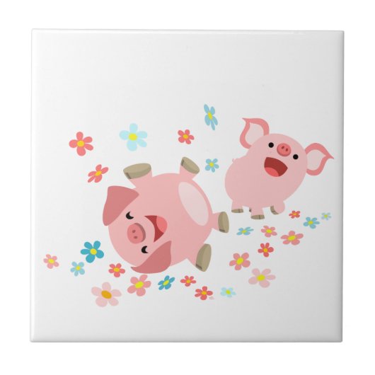 Twee Cartoon varkens in voorjaarsfase Tegel Tegeltje (Voorkant)