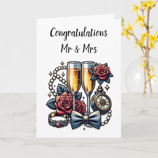 Twee champagneglazen, bruiloft kaart (Gele Bloem)