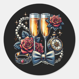 Twee champagneglazen, bruiloft  ronde sticker