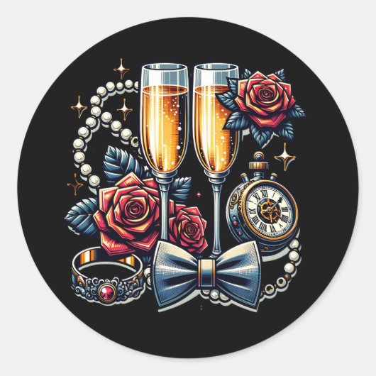 Twee champagneglazen, bruiloft ronde sticker (Voorkant)