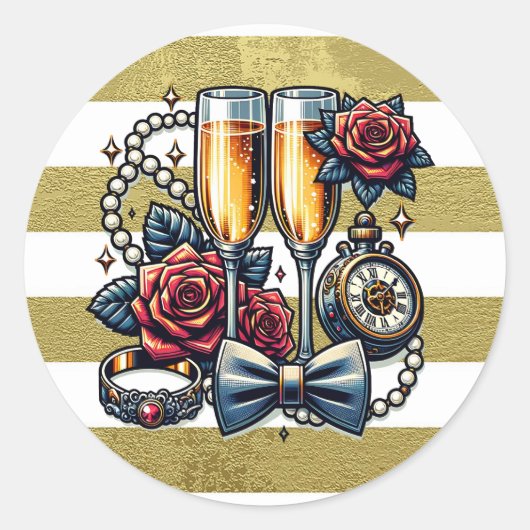 Twee champagneglazen, bruiloft ronde sticker (Voorkant)