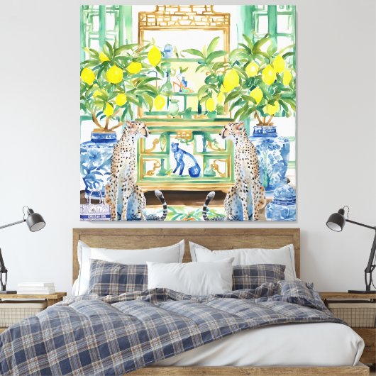 Twee cheeta's in chinoiserie interieur met gember  canvas afdruk (Insitu (Slaapkamer))