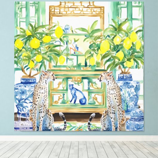 Twee cheeta's in chinoiserie interieur met gember  canvas afdruk (Insitu (Houten vloer))