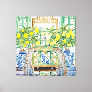 Twee cheeta's in chinoiserie interieur met gember canvas afdruk