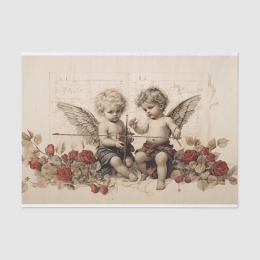 Twee Cherubs die tussen Rozen zitten Tissuepapier (Voorkant)