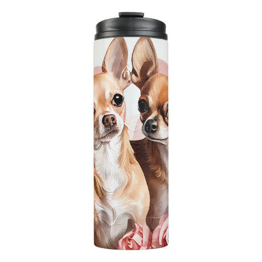 Twee Chihuahua's met bloemen liefhebbers Thermosbeker (Voorkant)