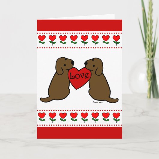 Twee Chocolade Labradors met Liefde Cartoon Kaart (Voorkant)