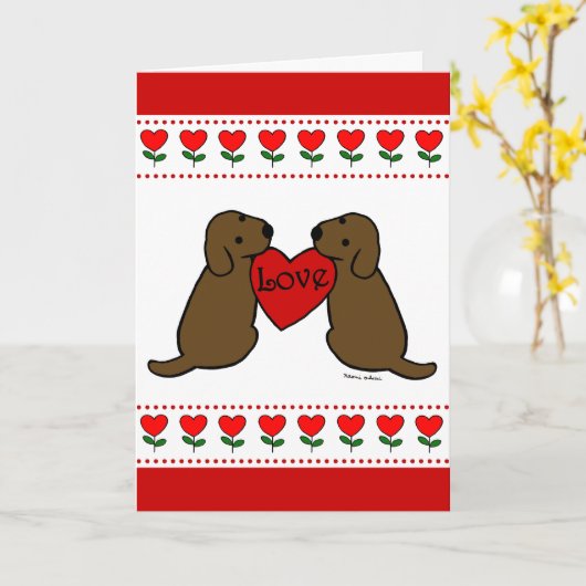 Twee Chocolade Labradors met Liefde Cartoon Kaart (Gele Bloem)