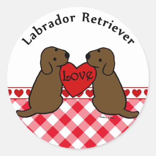 Twee Chocolade Labradors met Liefde Cartoon Ronde Sticker (Voorkant)