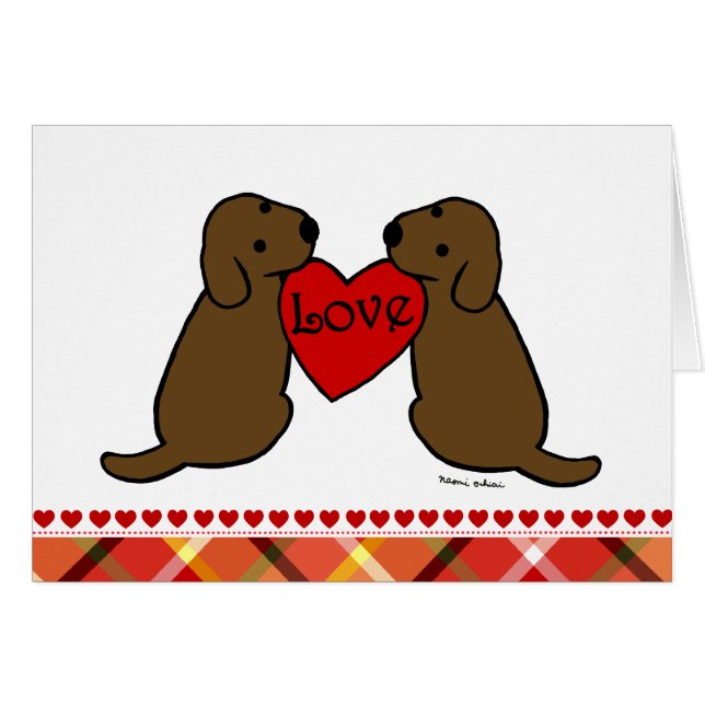Twee chocolade-labradors met liefdesCartoon Tartan (Voorkant Horizontaal)
