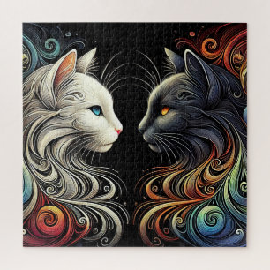 Twee contrasterende kattengezichten met levendige legpuzzel