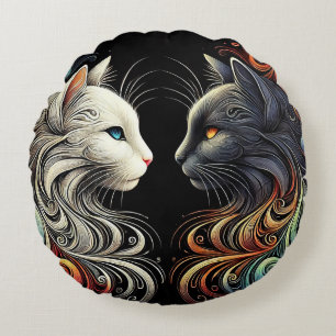 Twee contrasterende kattengezichten met levendige rond kussen