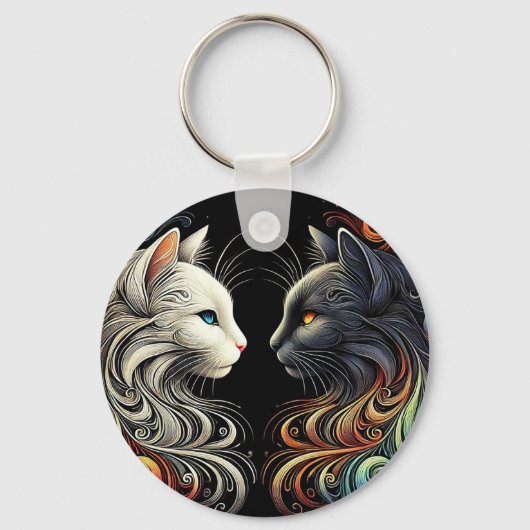 Twee contrasterende kattengezichten met levendige sleutelhanger (Voorkant)