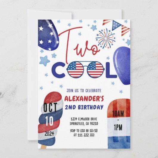 Twee Cool Juli 4e Rood, Wit Blauw 2e Verjaardag Kaart (Voorkant)