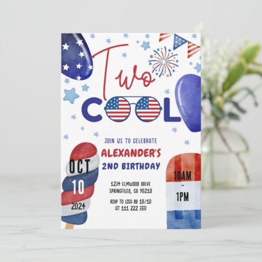 Twee Cool Juli 4e Rood, Wit Blauw 2e Verjaardag Kaart (Staand voorkant)