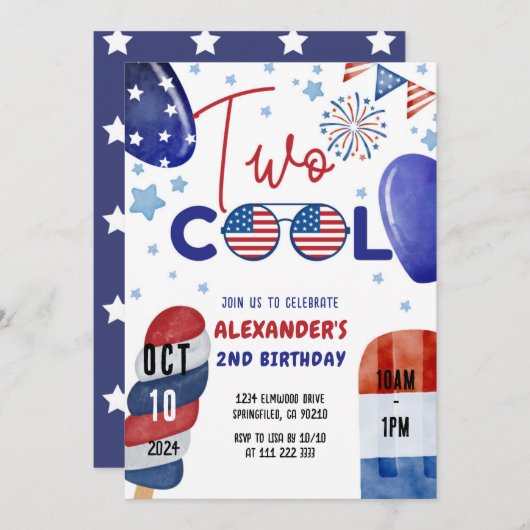 Twee Cool Juli 4e Rood, Wit Blauw 2e Verjaardag Kaart (Voorkant / Achterkant)