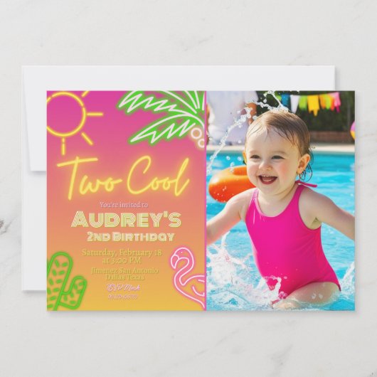 Twee Cool Neon Pool Party Uitnodiging met Foto (Voorkant)