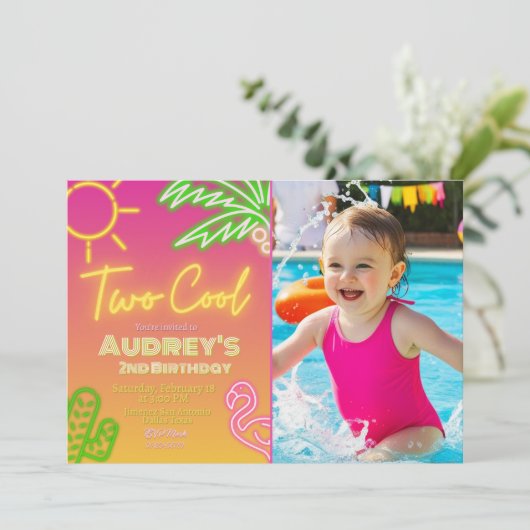Twee Cool Neon Pool Party Uitnodiging met Foto (Staand voorkant)