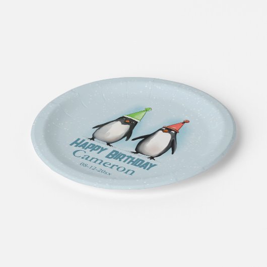 Twee Cool Pinguins vieren kind's verjaardag Papieren Bordje (Gekanteld)