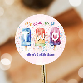 Twee Cool Pink Popsicle 2e Verjaardag Party Sticke Ronde Sticker