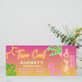 Twee Cool Tropisch Roze Neon Zwembadfeest Ticket Kaart (Staand voorkant)