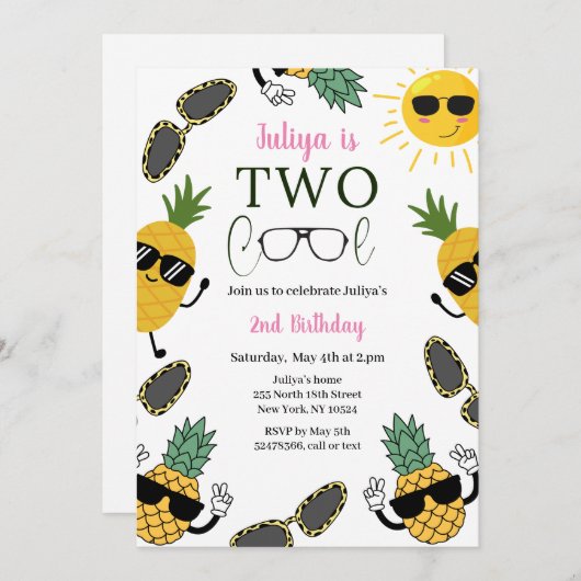 Twee Cool Zonnebril Meisje 2e Verjaardag Uitnodigi Kaart (Voorkant / Achterkant)