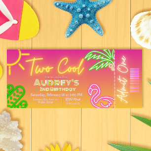 Twee Coole Tropische Roze Neon Zwembadfeest Ticket Kaart