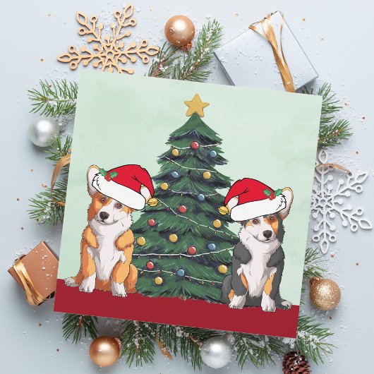 Twee Corgi-kerstbomen hond Santa Hat Cute Feestdagenkaart