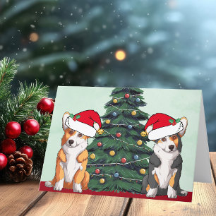 Twee Corgi Kerstboom Hond Kerstman Hoed Schattig Feestdagen Kaart
