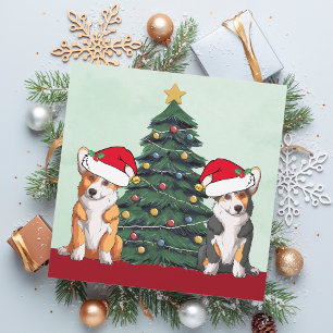 Twee Corgi Kerstboom Hond Kerstman Hoed Schattig Feestdagenkaart