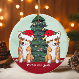 Twee Corgis in Santa Hat Cute Custom Kerstmis Keramisch Ornament