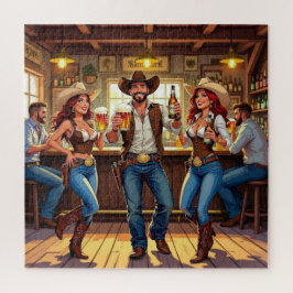 Twee cowgirls en een cowboy die linedancen in een  legpuzzel