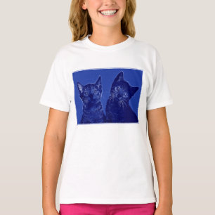 Twee Cute Baby Kittens hoofden in blauw tekeneffec T-shirt