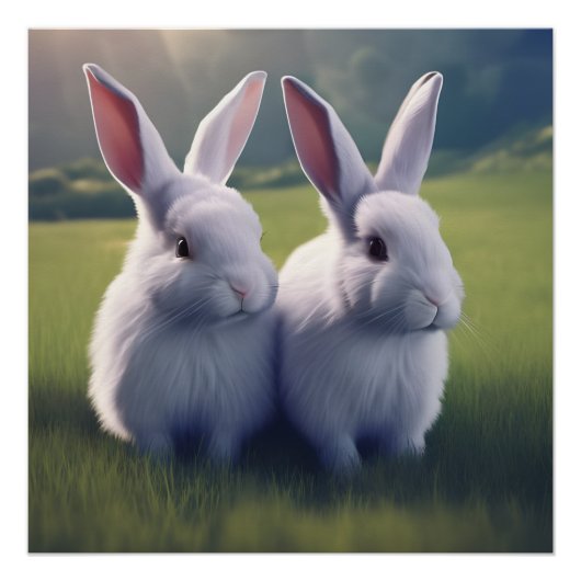 Twee Cute Bunnies in veld Glossy Poster (Voorkant)