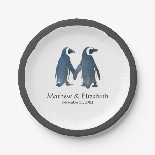 Twee Cute Penguins | Romantisch huwelijk Papieren Bordje (Voorkant)
