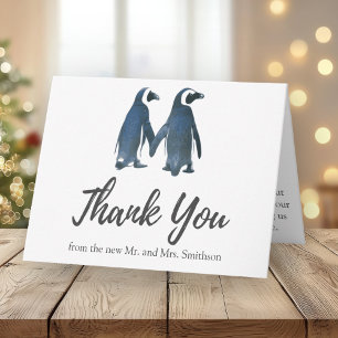 Twee Cute Penguins Romantische bruiloft Hartelij Bedankkaart