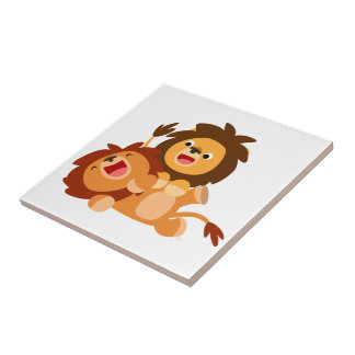Twee Cute Playful Cartoon Lions Tegel Tegeltje