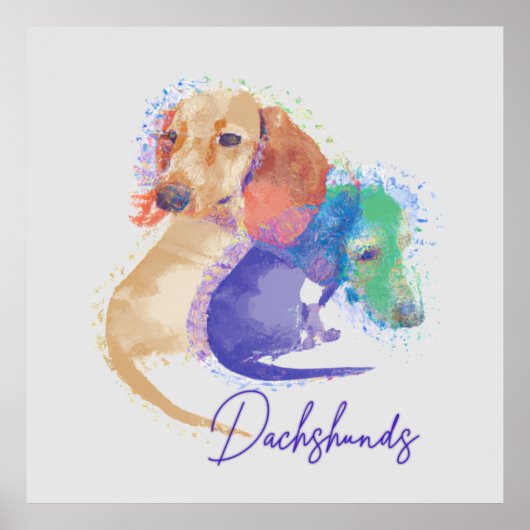 Twee Dachshund Dogs Waterverf Schattig Kleurrijk Poster (Voorkant)