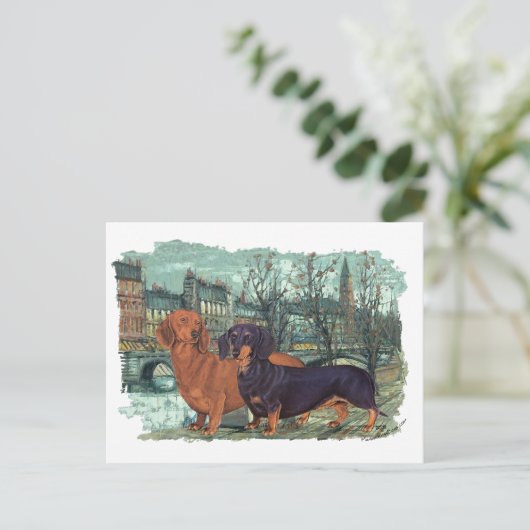 Twee Dachshunds in de stad Briefkaart (Staand voorkant)