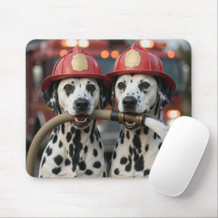 Twee Dalmatische honden die een brandweer slang va Muismat